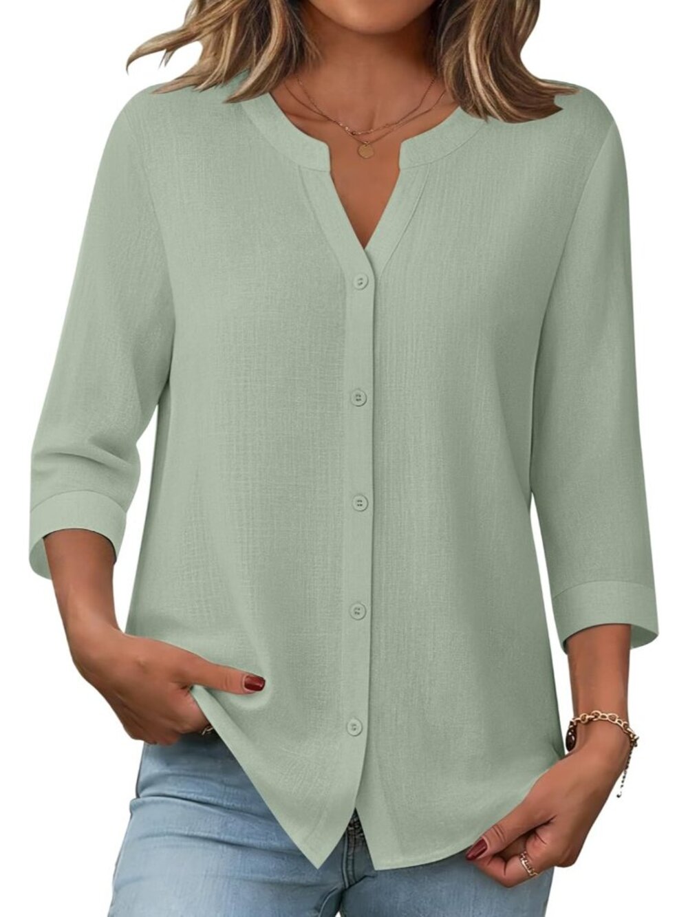 Women's Green Button Down Sleeve Linen Cotton V Neck Casual Loose Work Blouses